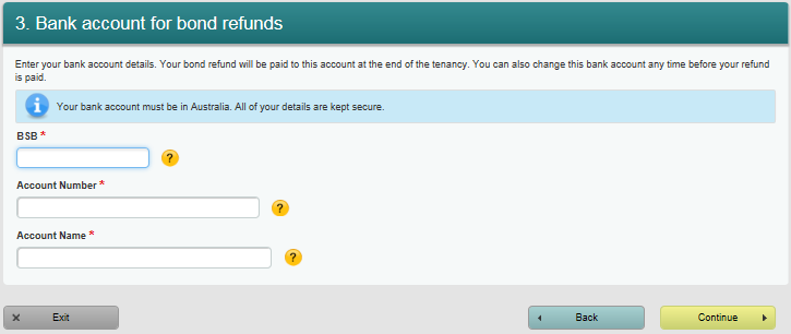 screen shot of bank details page